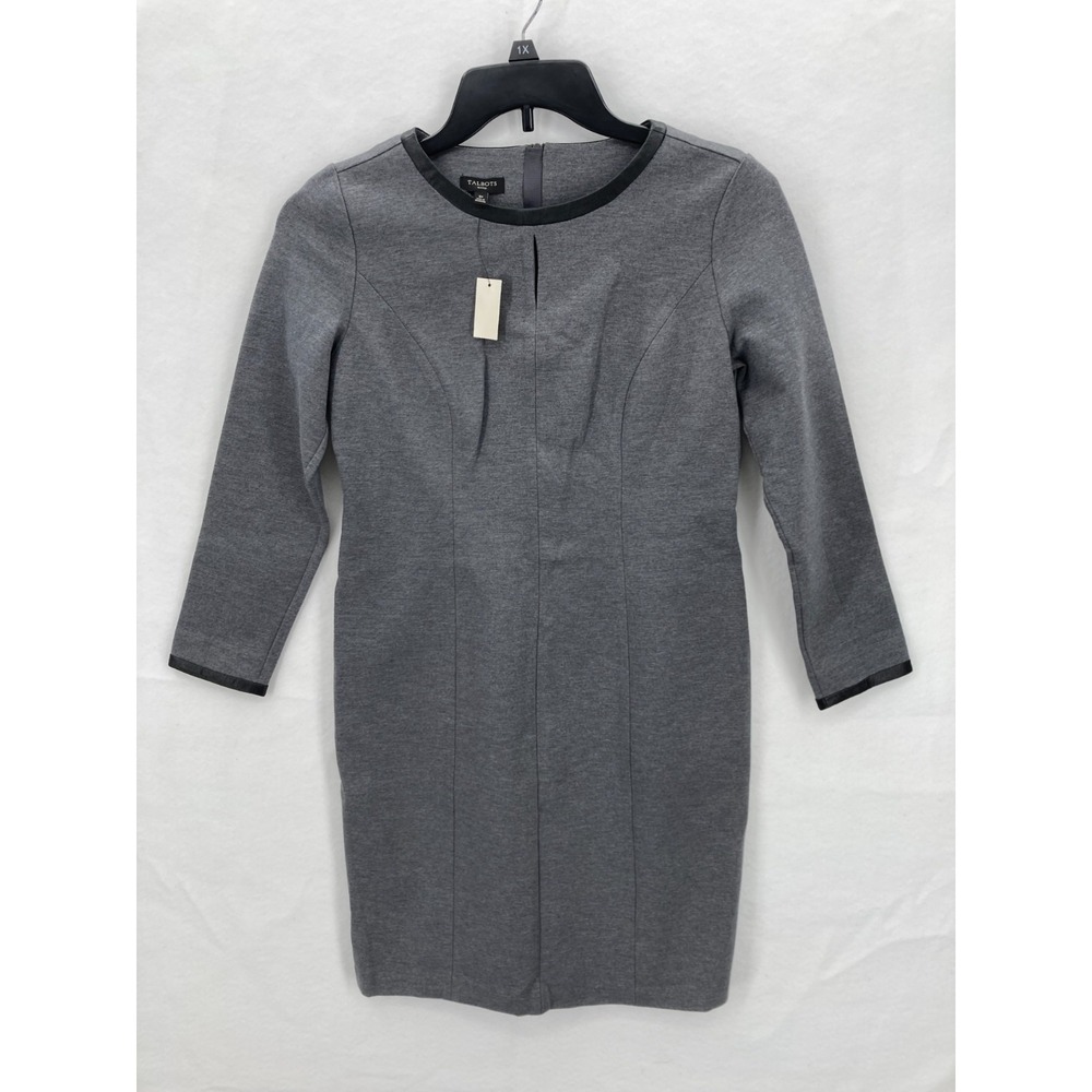 Talbots Dress Womens 2P Gray Black Faux Leather‎ Trim Sheath Stretch Career NWT